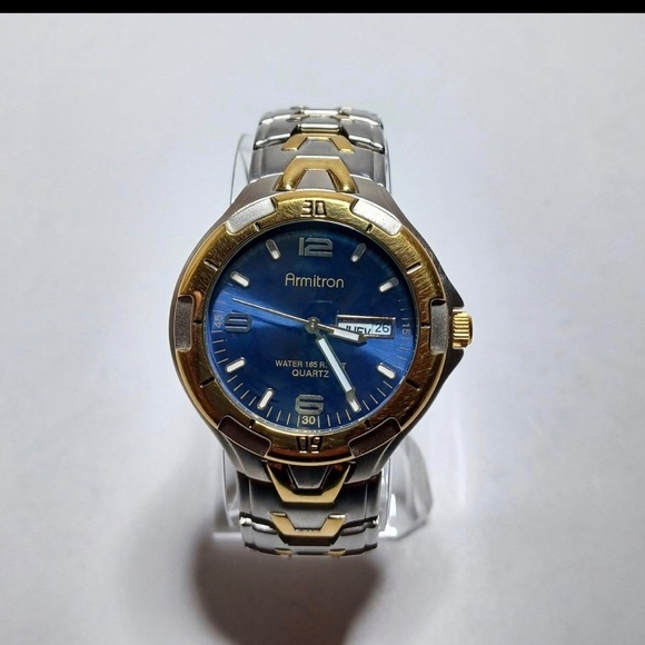 Armitron Watch Men Gold Silver Two Tone Round Blue Dial Day Date New Battery - Picture 1 of 5